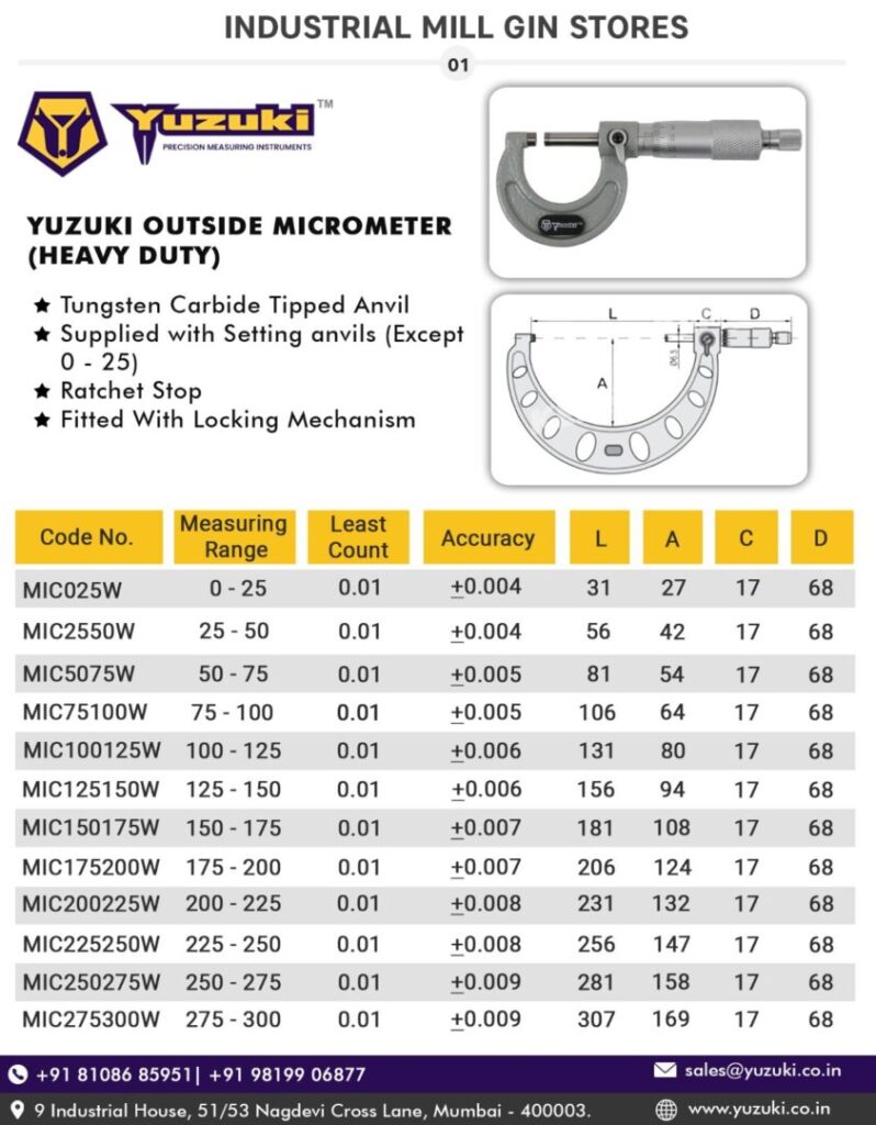 Buy YUZUKI Outside Micrometer Heavy Duty Precision Measurement Tool